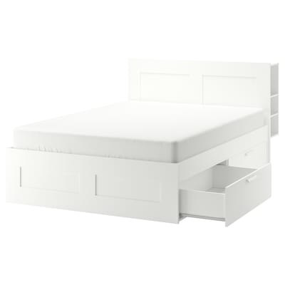 BRIMNES Bed frame w storage and headboard, white/Luröy, Standard Double