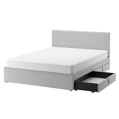 GLADSTAD Upholstered bed, 4 storage boxes, Kabusa light grey, Standard Double
