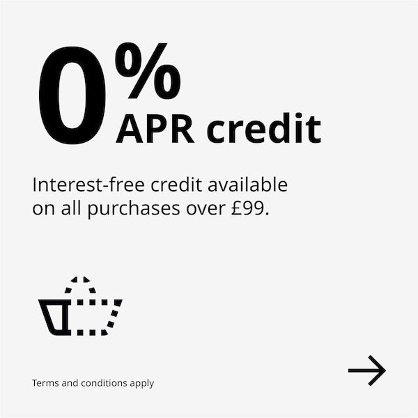 Light grey background with black text reading : 0% APR credit, Interest free credit available on all purchases over £99.