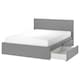 MALM Bed frame, high, w 2 storage boxes, grey stained/Luröy, Standard King