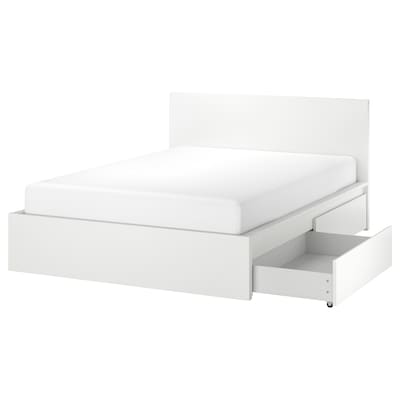 MALM Bed frame, high, w 2 storage boxes, white/Luröy, Standard Double