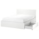 MALM Bed frame, high, w 2 storage boxes, white/Luröy, Standard King