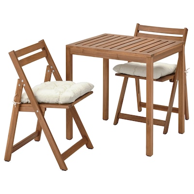 NÄMMARÖ Table and 2 folding chairs, outdoor, light brown stained/Kuddarna beige