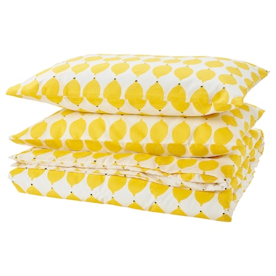 NORSKNOPPA Duvet cover and 2 pillowcases, white/yellow/patterned, 200x200/50x80 cm