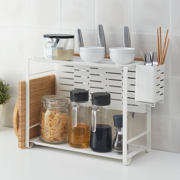 AVSTEG kitchen counter organisers with spices and other cooking essentials 