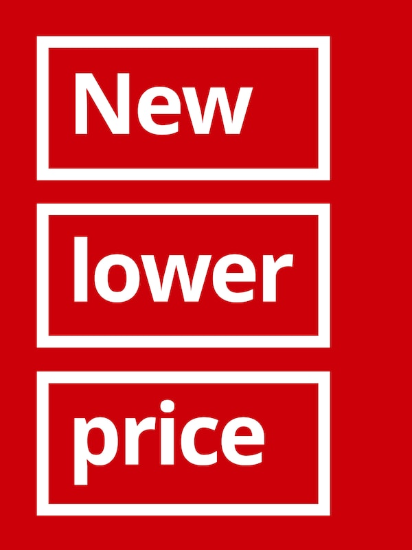 red background with white text reads New lower price