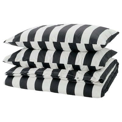 SLÅNHÖSTMAL Duvet cover and 2 pillowcases, black/white/striped, 200x200/50x80 cm