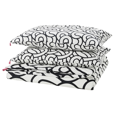 SÖTRÖNN Duvet cover and 2 pillowcases, white/black/patterned, 200x200/50x80 cm
