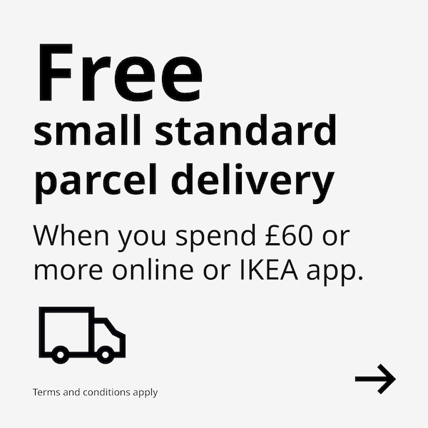 Text on light grey background reads Free small standard parcel delivery when you spend £60 or more online or in the app. Click here for T&Cs