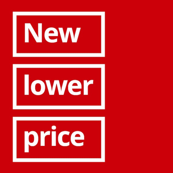 Text on red background reads New lower price