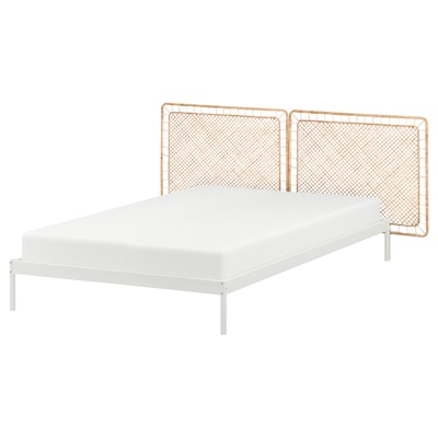 VEVELSTAD Bed frame with 2 headboards, white/Tolkning rattan, Standard Double